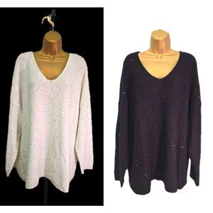 Evri Lot of 2 Sequin Sparkle Sweaters 2X Black Cream Minimalist Stretch Relaxed